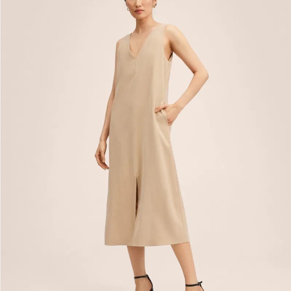 Mango Tan Flowy Midi Dress Sleeveless sz small Minimalist